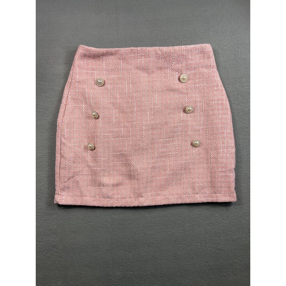 Y2K Pink Tweed Skirt with Gold Buttons, Size S - Women's Chic Fashion
